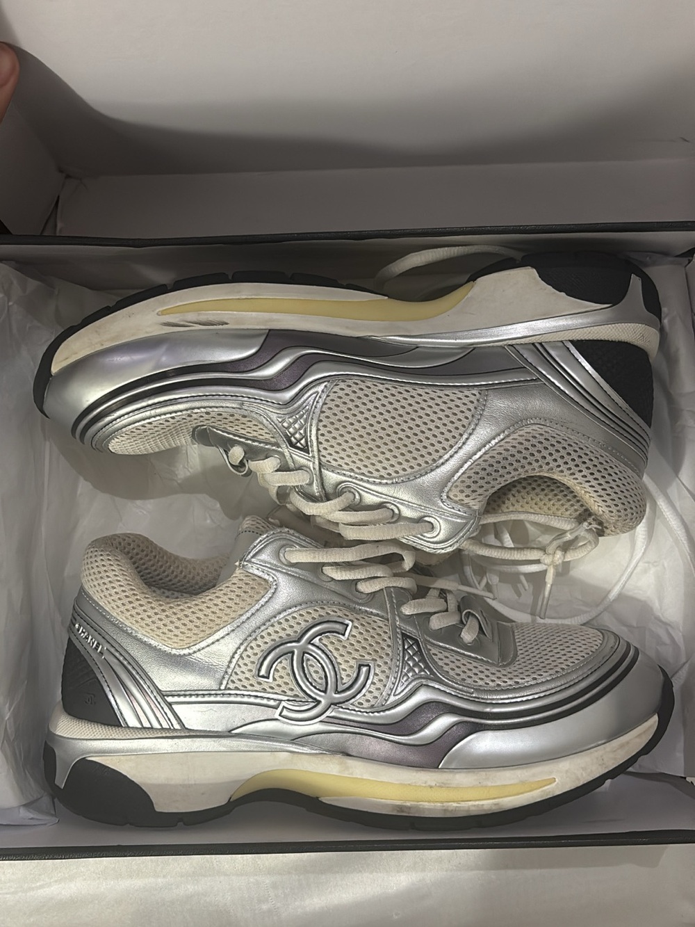 CHANEL Silver Mesh & Leather Runner Sneakers - Silver